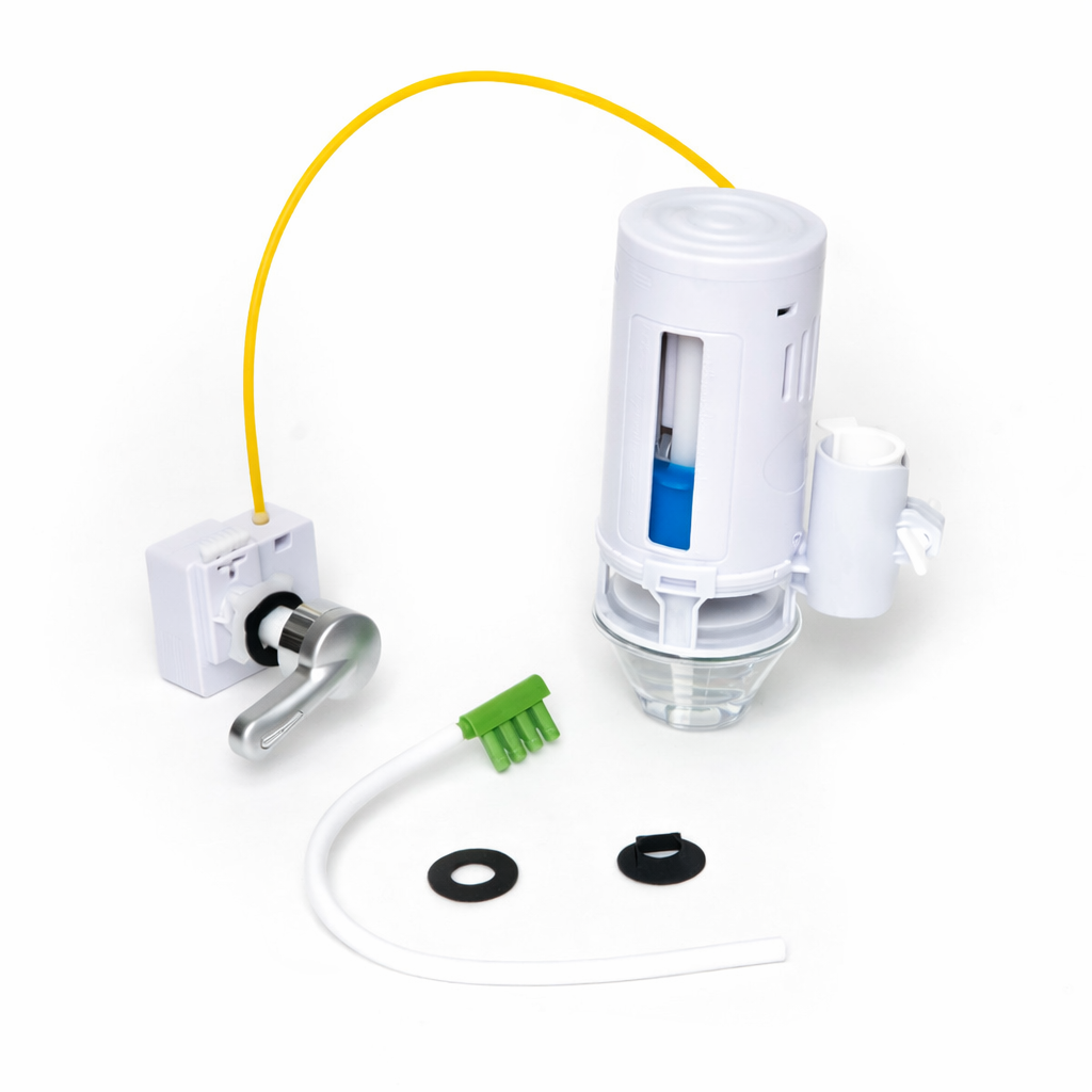 A water filter system components including a white filter housing, a silver faucet, a yellow tube, a green cleaning brush, and various seals.