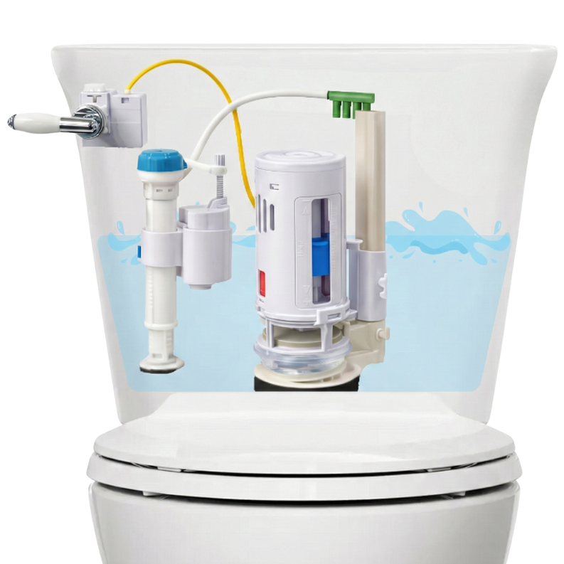 Diagram of a toilet's internal components, illustrating the flushing mechanism with pipes, valves, and water supply connections.