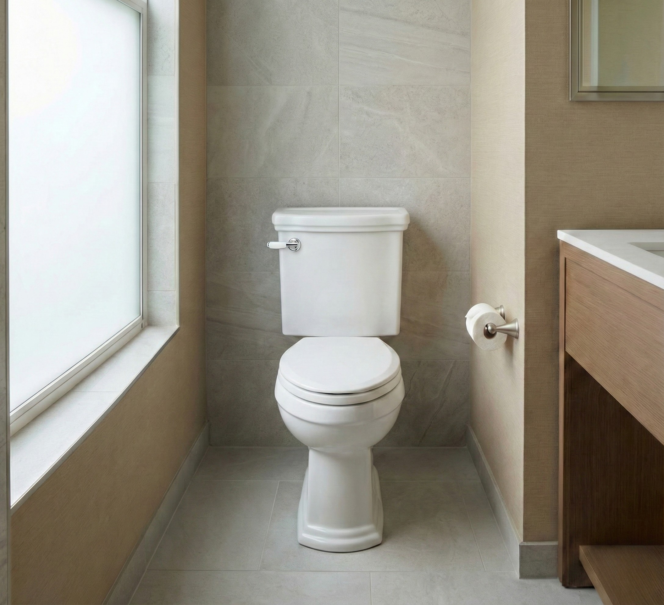 Modern bathroom with a white toilet positioned next to a window and a wooden vanity.